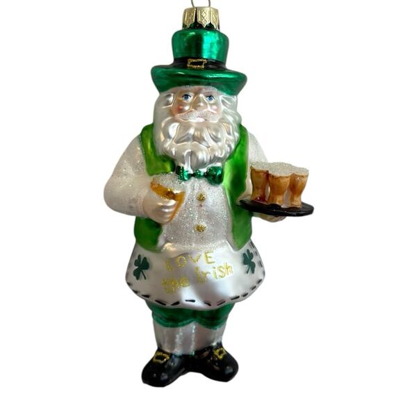 Love The Irish Santa Barkeep Green White Gold Pints Beer Christmas Ornament - Picture 1 of 11